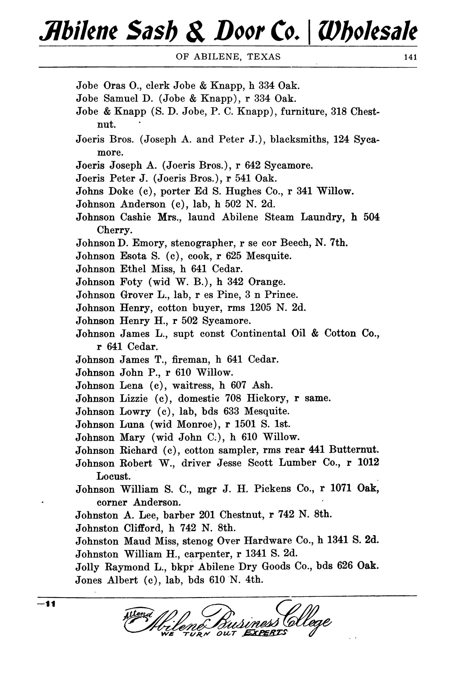 Worely S Directory Of Abilene Texas 1909 Page 141 The Portal To Texas History