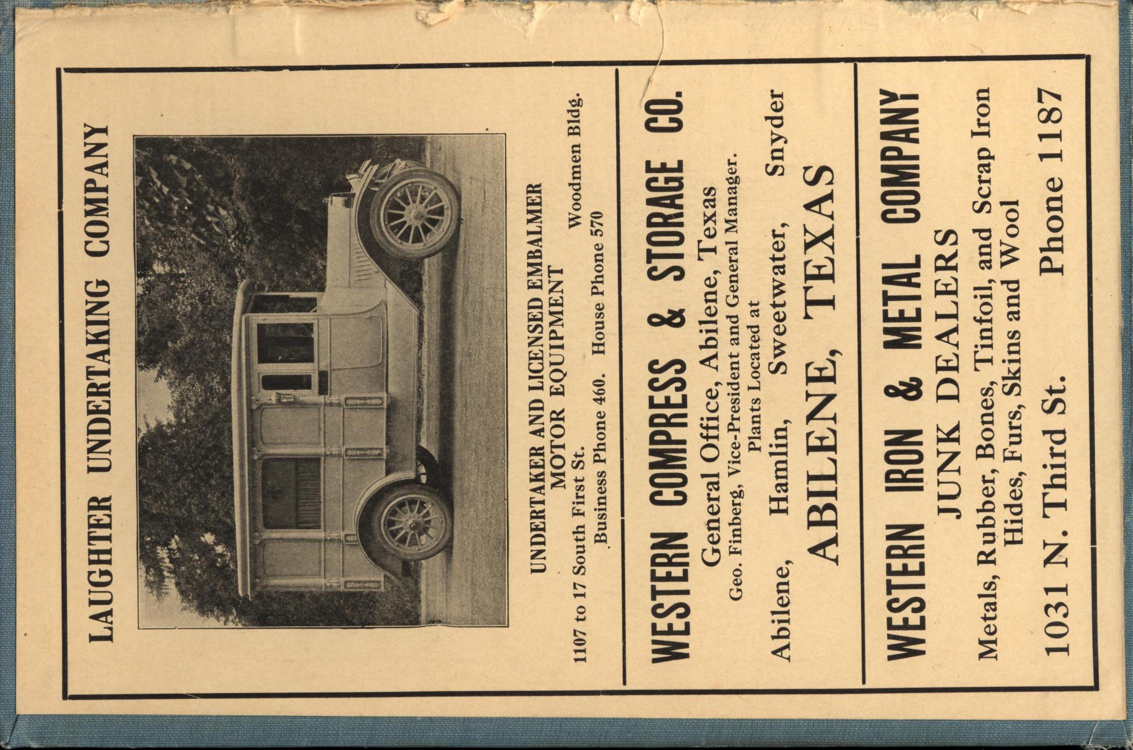John F. Worley Directory Co. Abilene City Directory, 1917
                                                
                                                    Front Inside
                                                