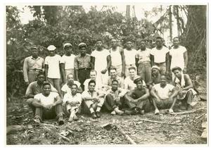 Primary view of object titled '[Navy Mess Hall Staff Posing On Bougainville Island]'.
