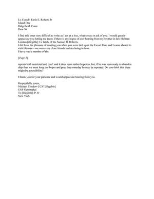 [Transcript of Letter from Michael Tondow to Lt. Comdr. E. E. Roberts Jr.]