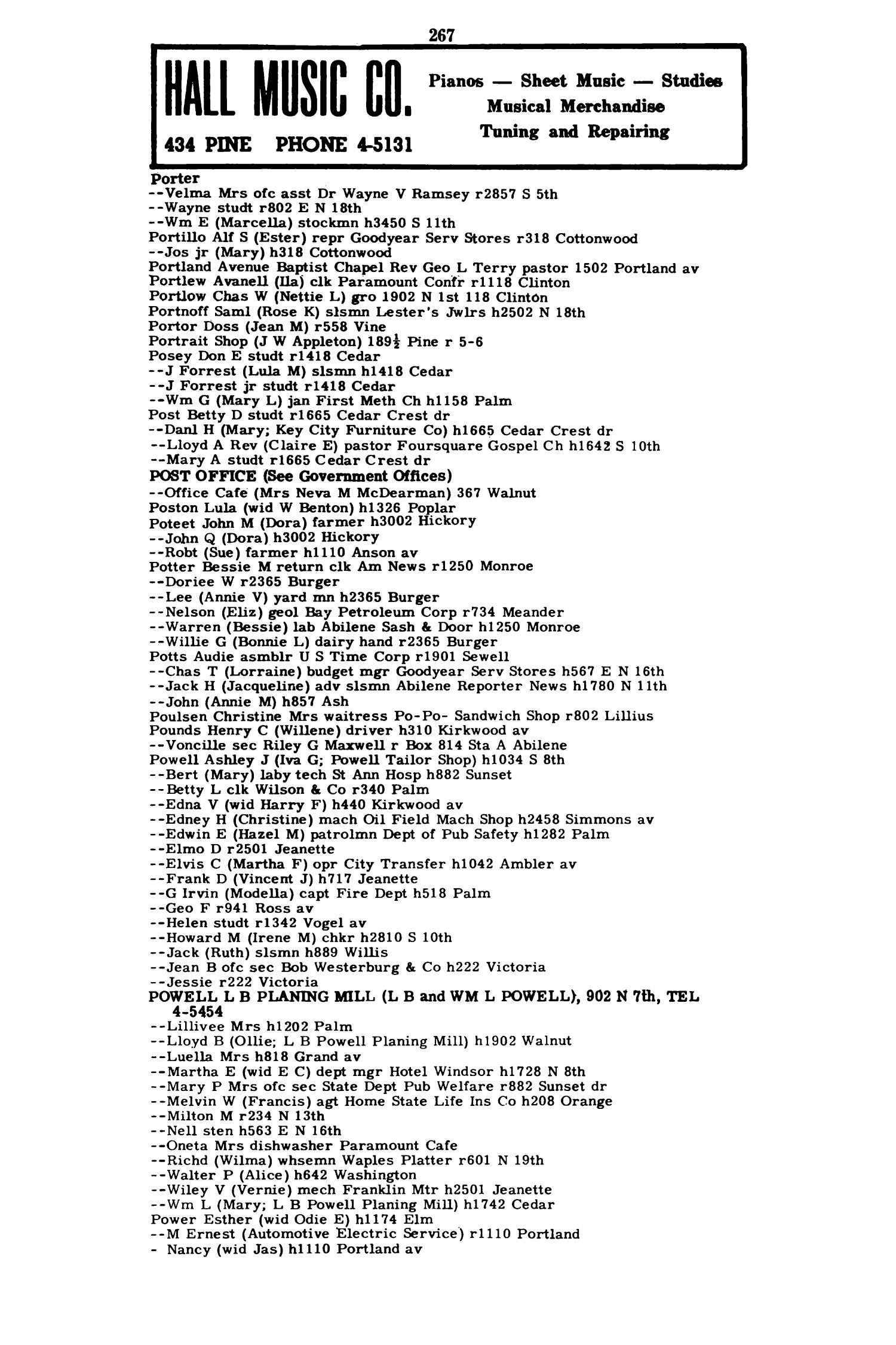 Worley's Abilene (Taylor County, Texas) City Directory, 1951
                                                
                                                    267
                                                