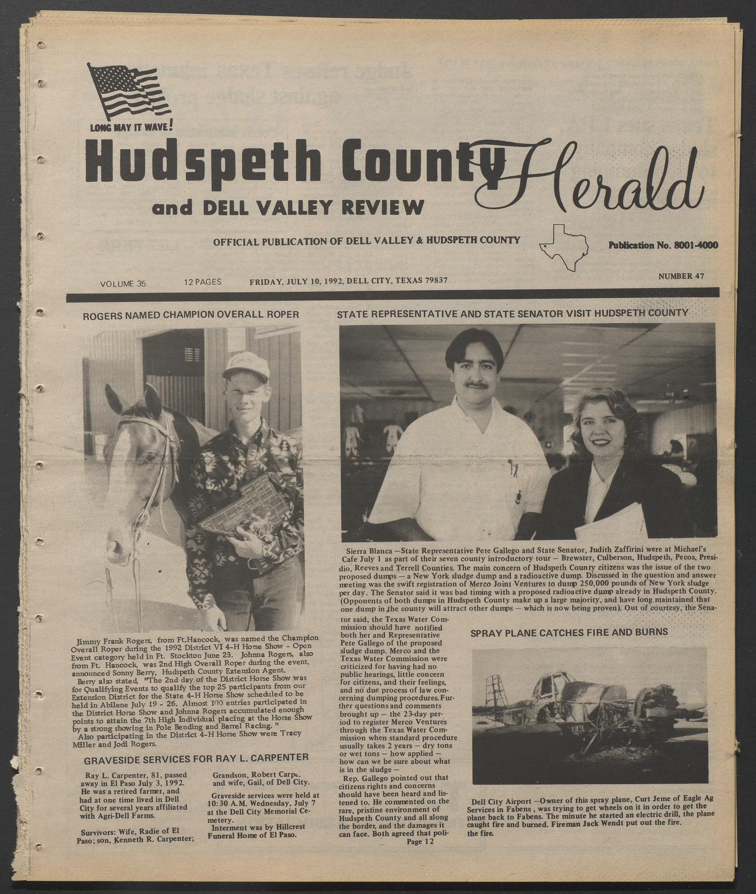 Hudspeth County Herald and Dell Valley Review (Dell City, Tex.), Vol. 35, No. 47, Ed. 1 Friday, July 10, 1992
                                                
                                                    [Sequence #]: 1 of 12
                                                