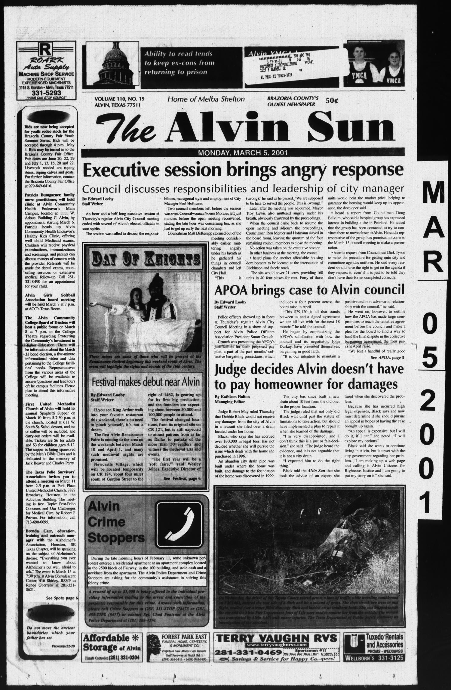 The Alvin Sun (Alvin, Tex.), Vol. 110, No. 19, Ed. 1 Monday, March 5, 2001
                                                
                                                    [Sequence #]: 1 of 48
                                                