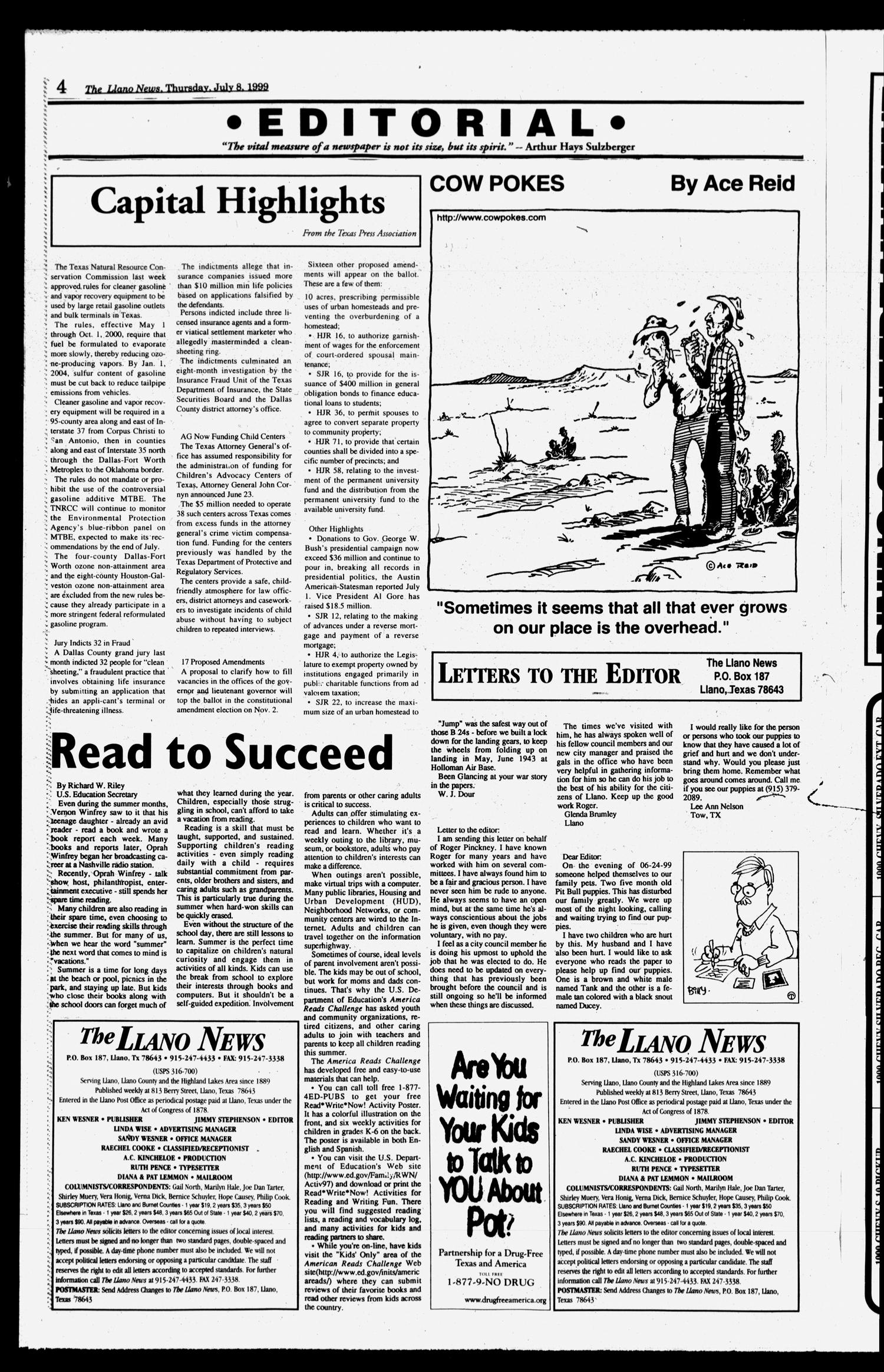 The Llano News (Llano, Tex.), Vol. 111, No. 39, Ed. 1 Thursday, July 8, 1999
                                                
                                                    [Sequence #]: 4 of 18
                                                