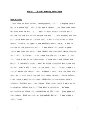 Oral History Interview with Bob Willig, October 4, 1990