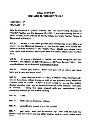 Oral History Interview with Richard H. 'Rickie' Feuile, January 26, 2005