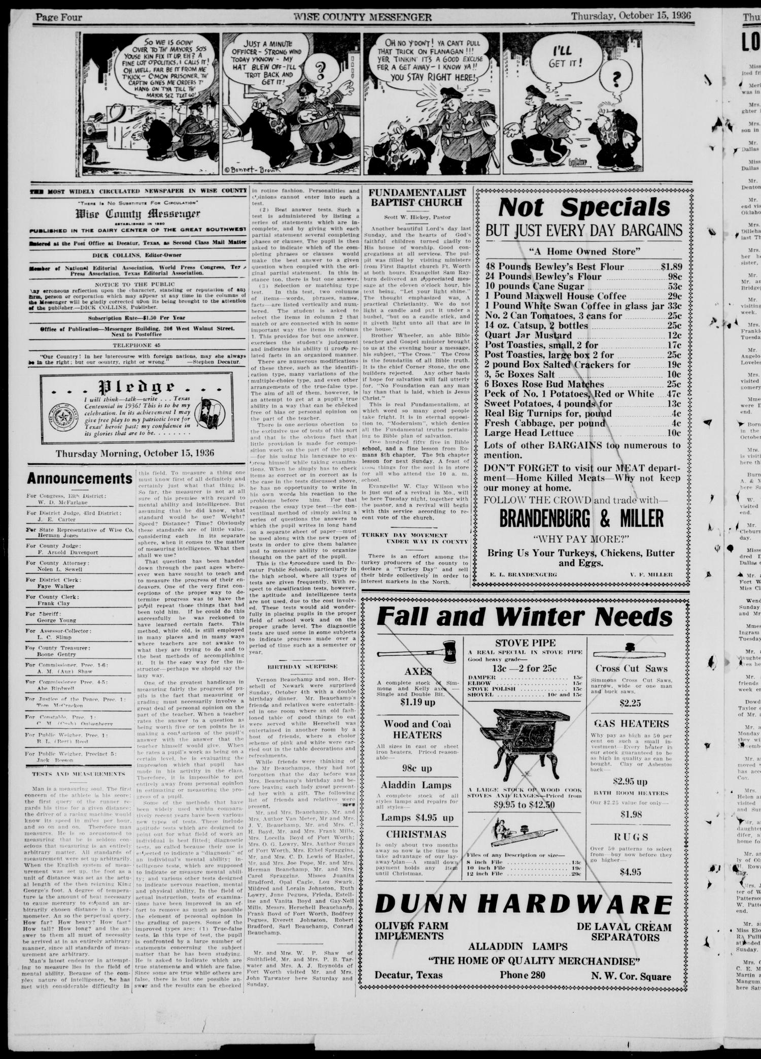 Wise County Messenger (Decatur, Tex.), Vol. 56, No. 42, Ed. 1 Thursday, October 15, 1936
                                                
                                                    [Sequence #]: 4 of 8
                                                