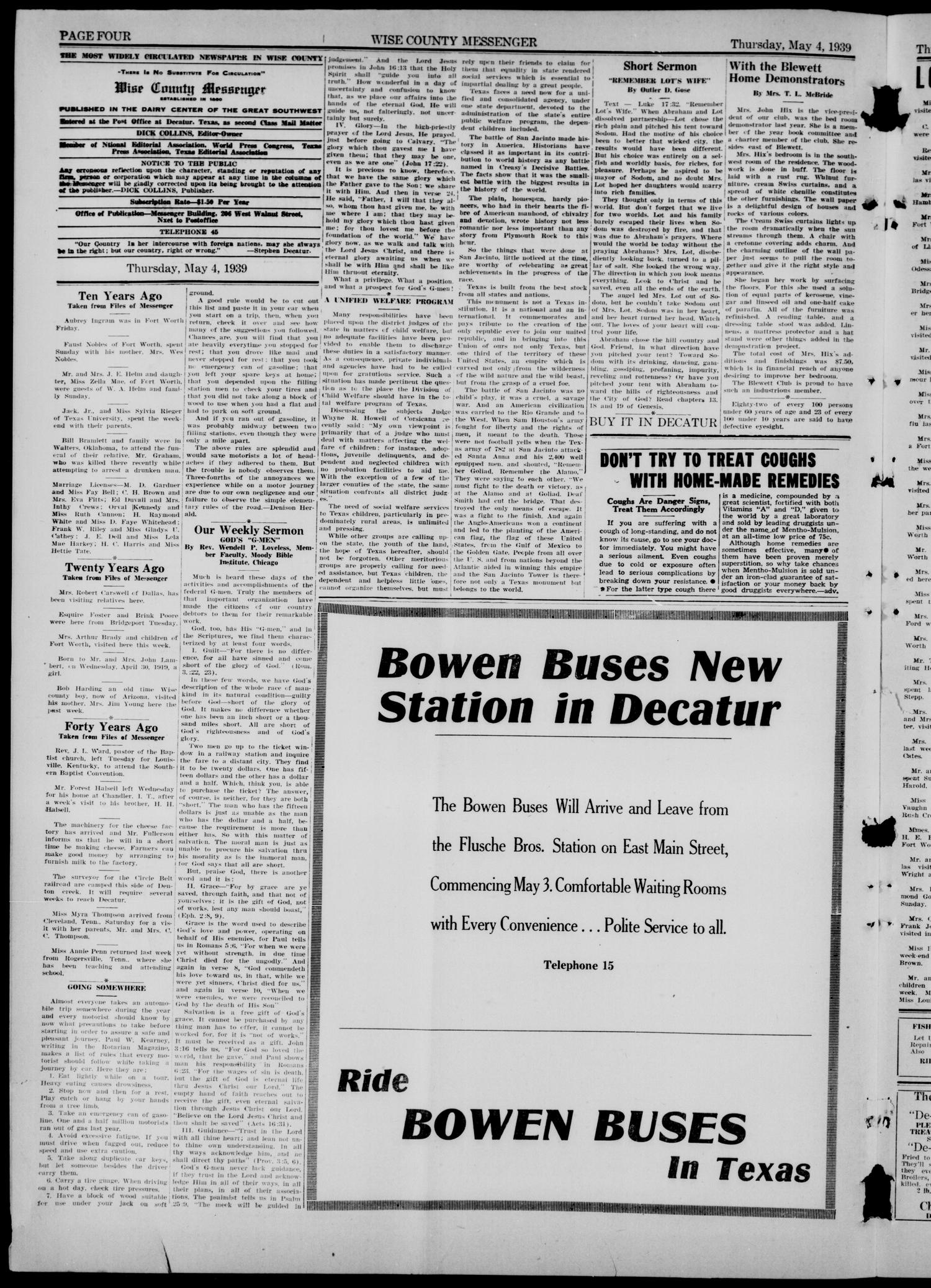 Wise County Messenger (Decatur, Tex.), Vol. 59, No. 18, Ed. 1 Thursday, May 4, 1939
                                                
                                                    [Sequence #]: 4 of 8
                                                