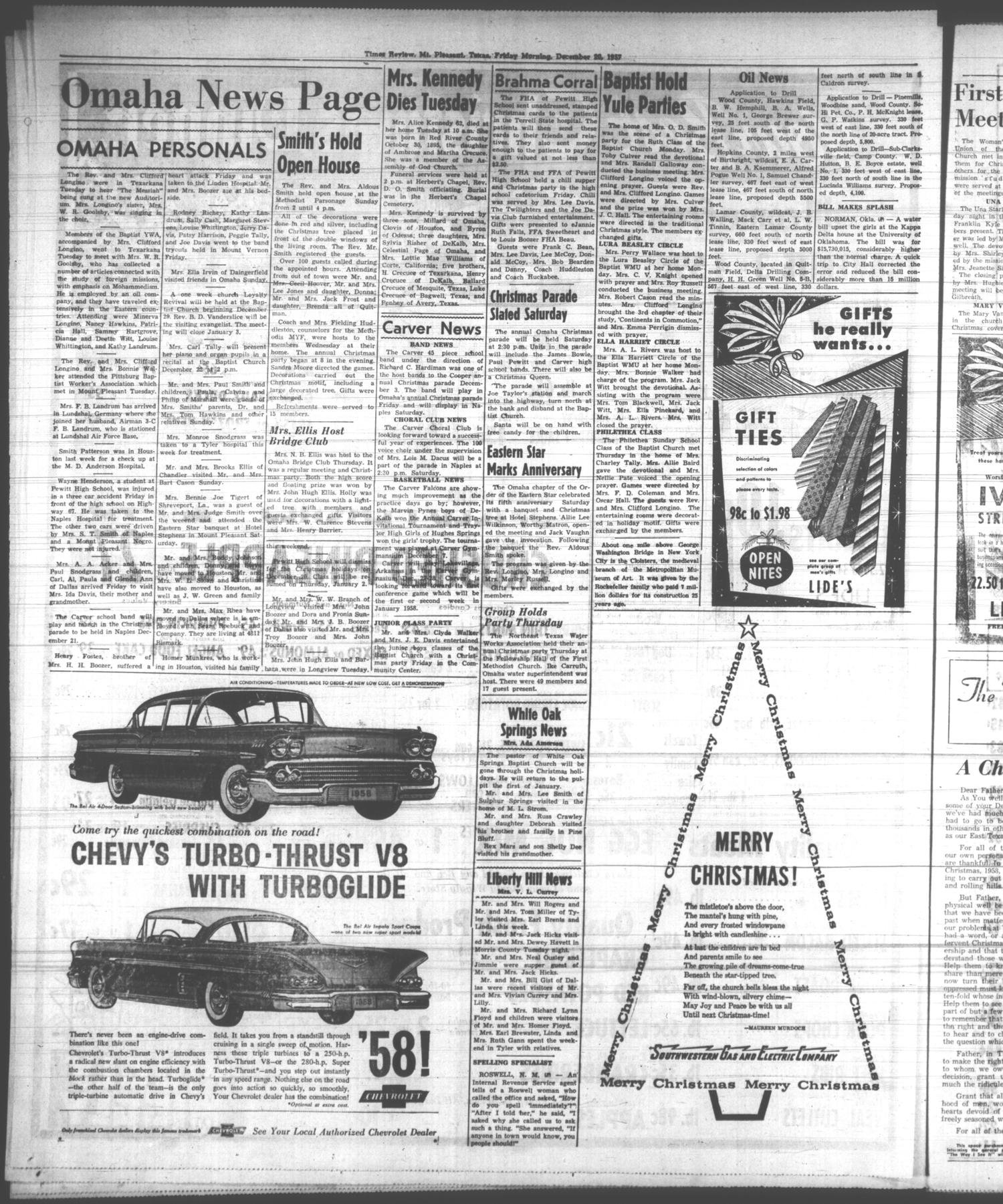 Mt. Pleasant Times Review (Mount Pleasant, Tex.), Vol. 84, No. 41, Ed. 1 Friday, December 20, 1957
                                                
                                                    [Sequence #]: 4 of 6
                                                