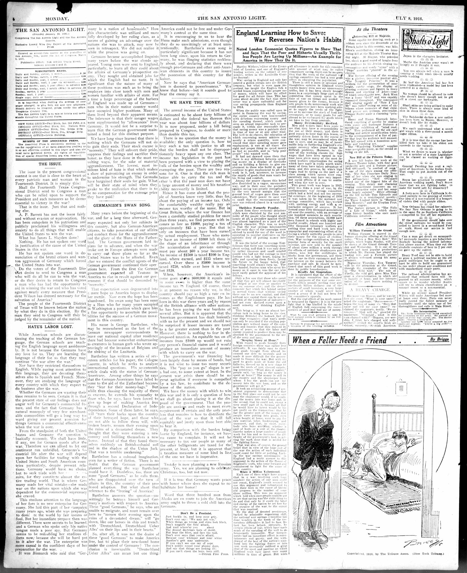 The San Antonio Light (San Antonio, Tex.), Vol. 38, No. 170, Ed. 1 Monday, July 8, 1918
                                                
                                                    [Sequence #]: 4 of 10
                                                