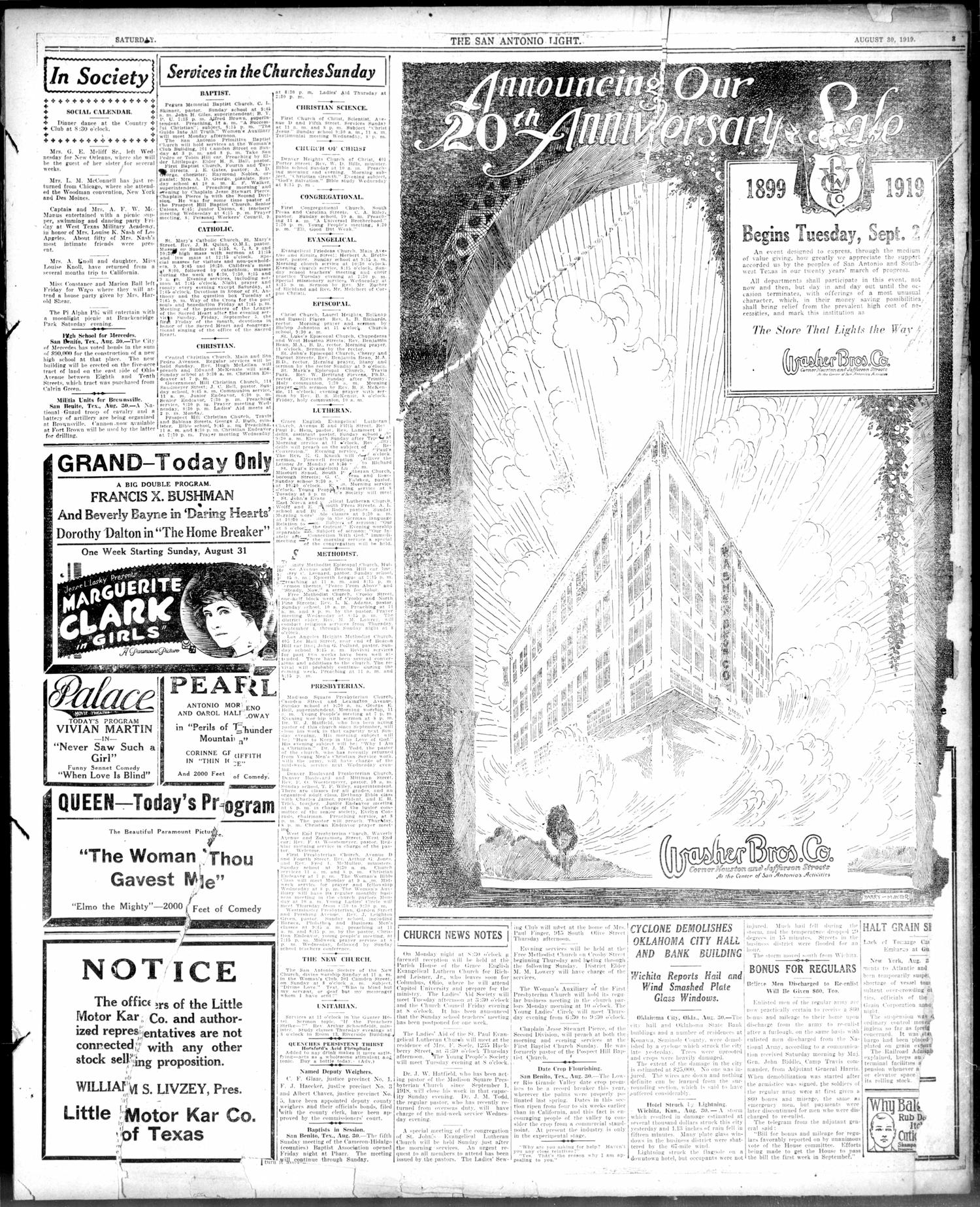 The San Antonio Light (San Antonio, Tex.), Vol. 39, No. 223, Ed. 1 Saturday, August 30, 1919
                                                
                                                    [Sequence #]: 3 of 10
                                                
