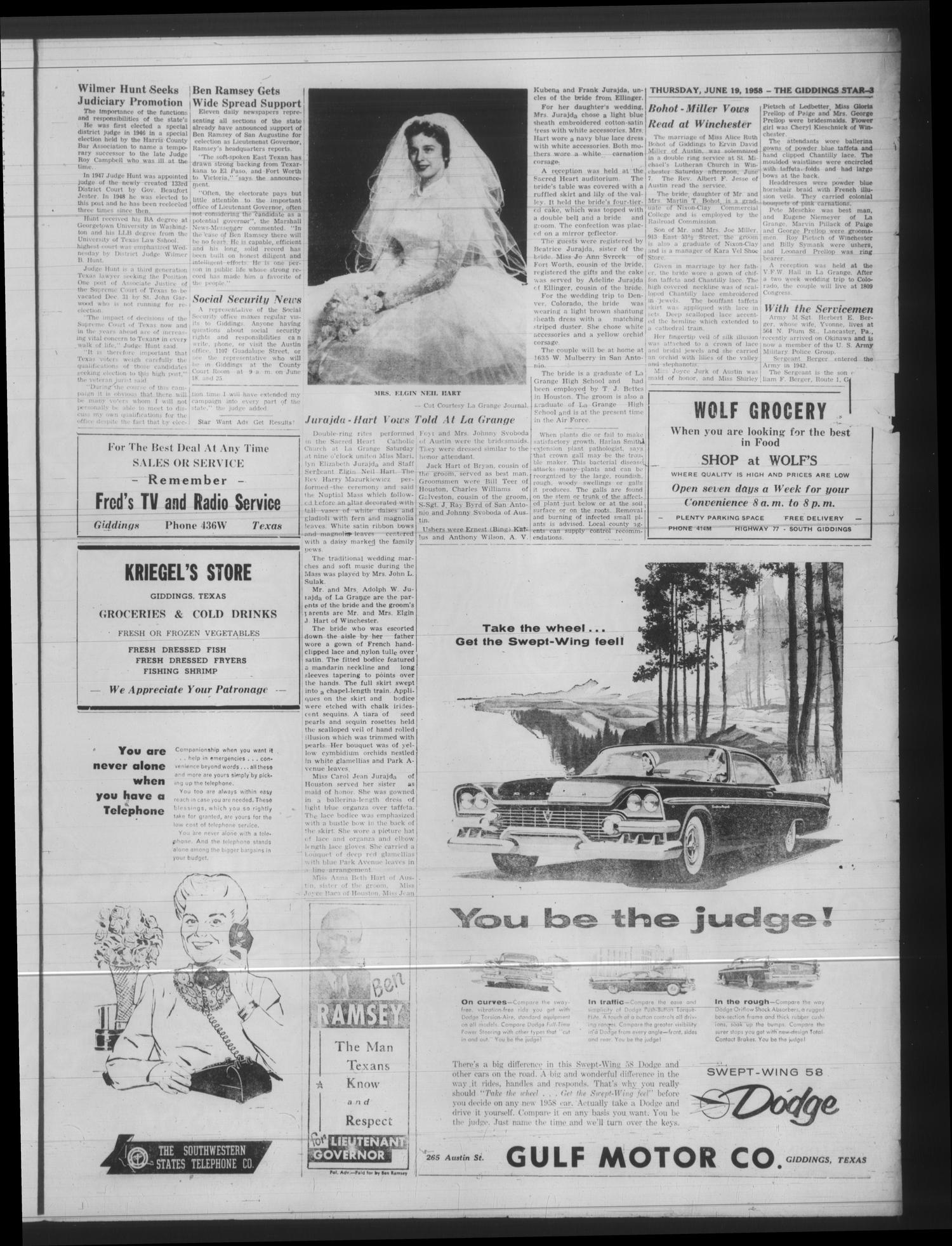 The Giddings Star (Giddings, Tex.), Vol. 19, No. 12, Ed. 1 Thursday, June 19, 1958
                                                
                                                    [Sequence #]: 3 of 8
                                                