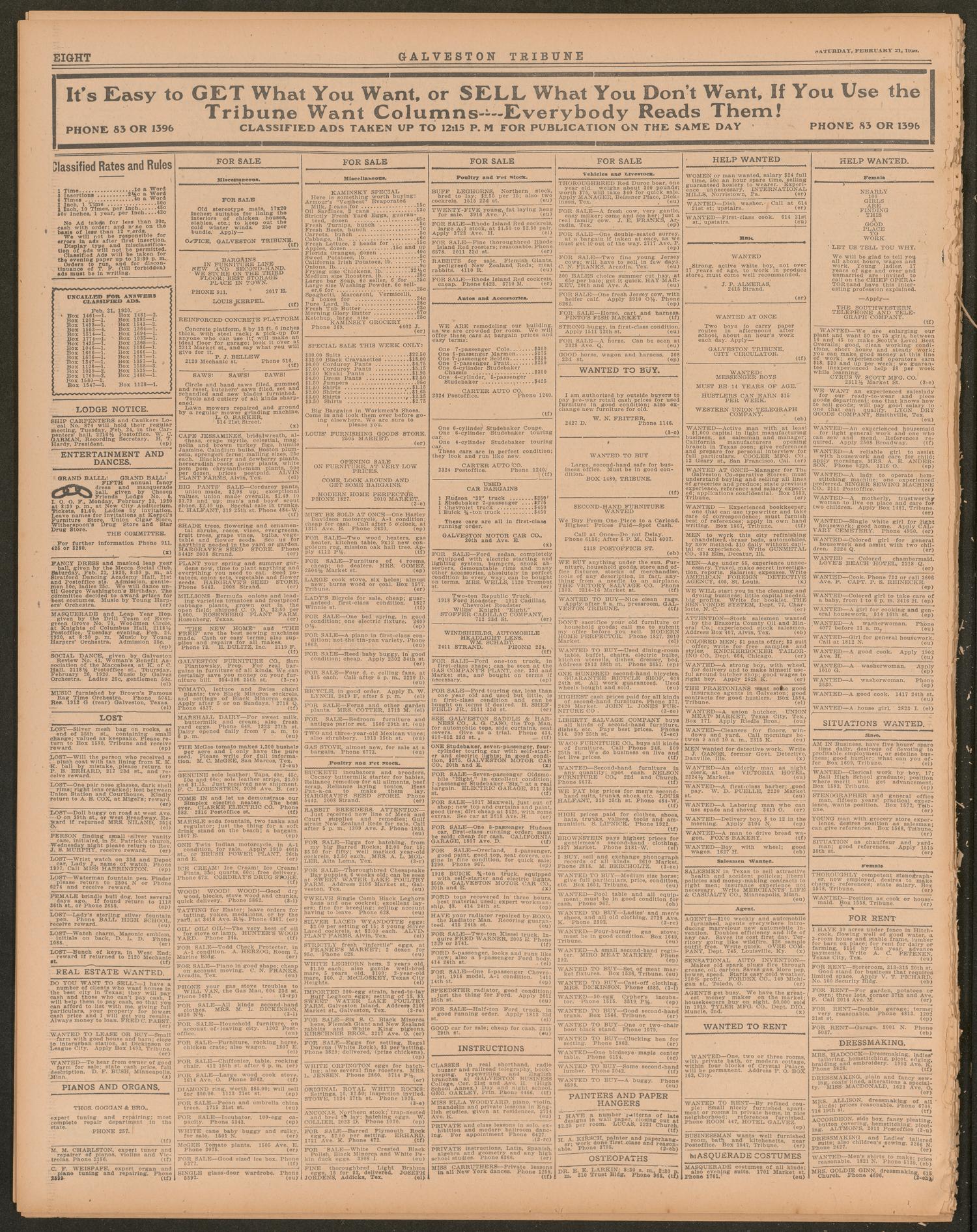 Galveston Tribune. (Galveston, Tex.), Vol. 40, No. 75, Ed. 1 Saturday, February 21, 1920
                                                
                                                    [Sequence #]: 8 of 14
                                                