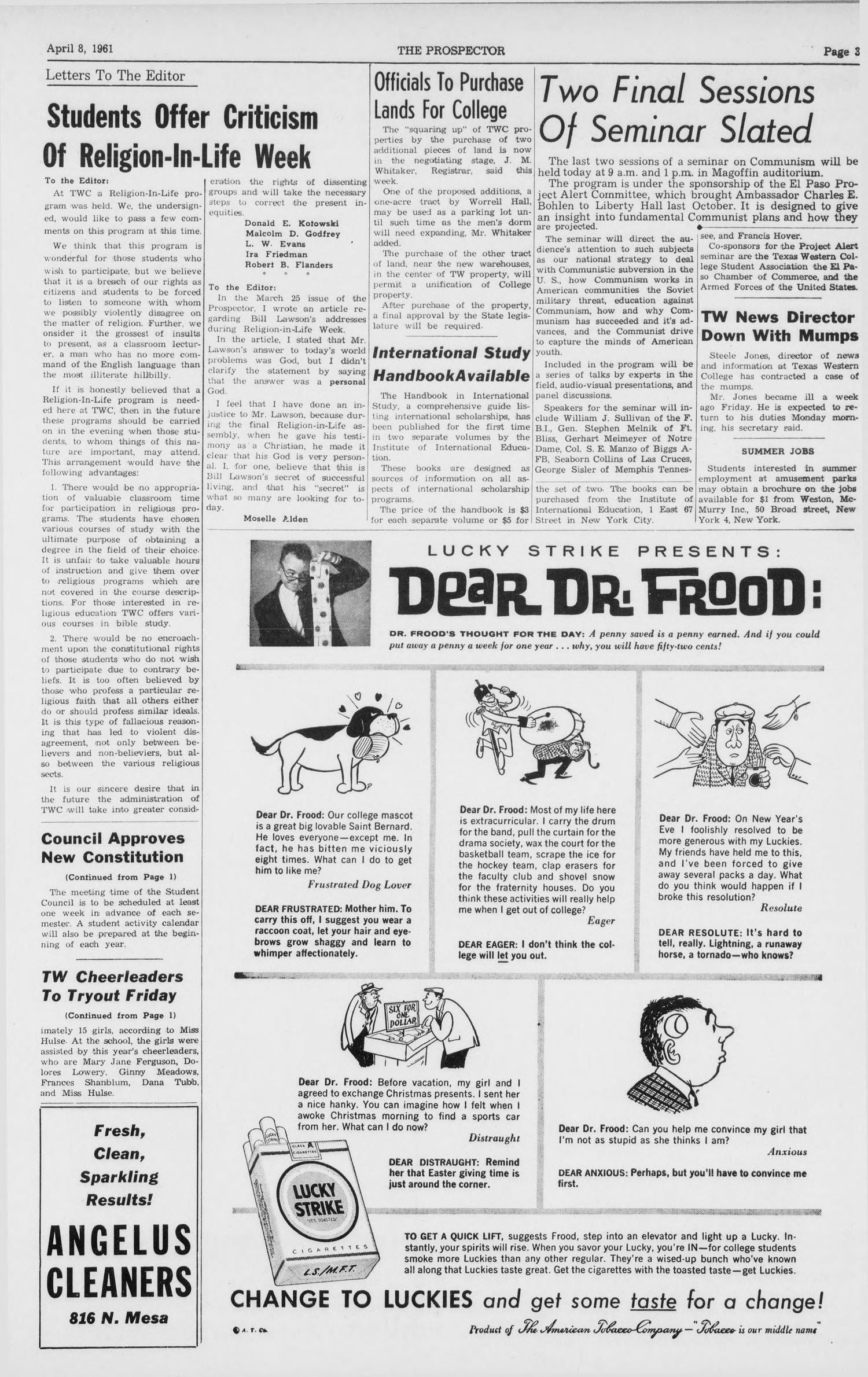 The Prospector (El Paso, Tex.), Vol. 27, No. 24, Ed. 1 Saturday, April 8, 1961
                                                
                                                    [Sequence #]: 3 of 6
                                                