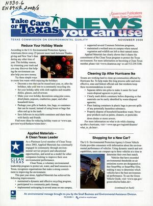 Primary view of object titled 'Take Care of Texas: News You Can Use, November 2008'.