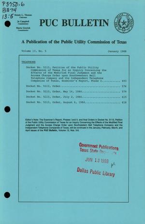 Primary view of object titled 'PUC Bulletin, Volume 13, Number 5, January 1988'.