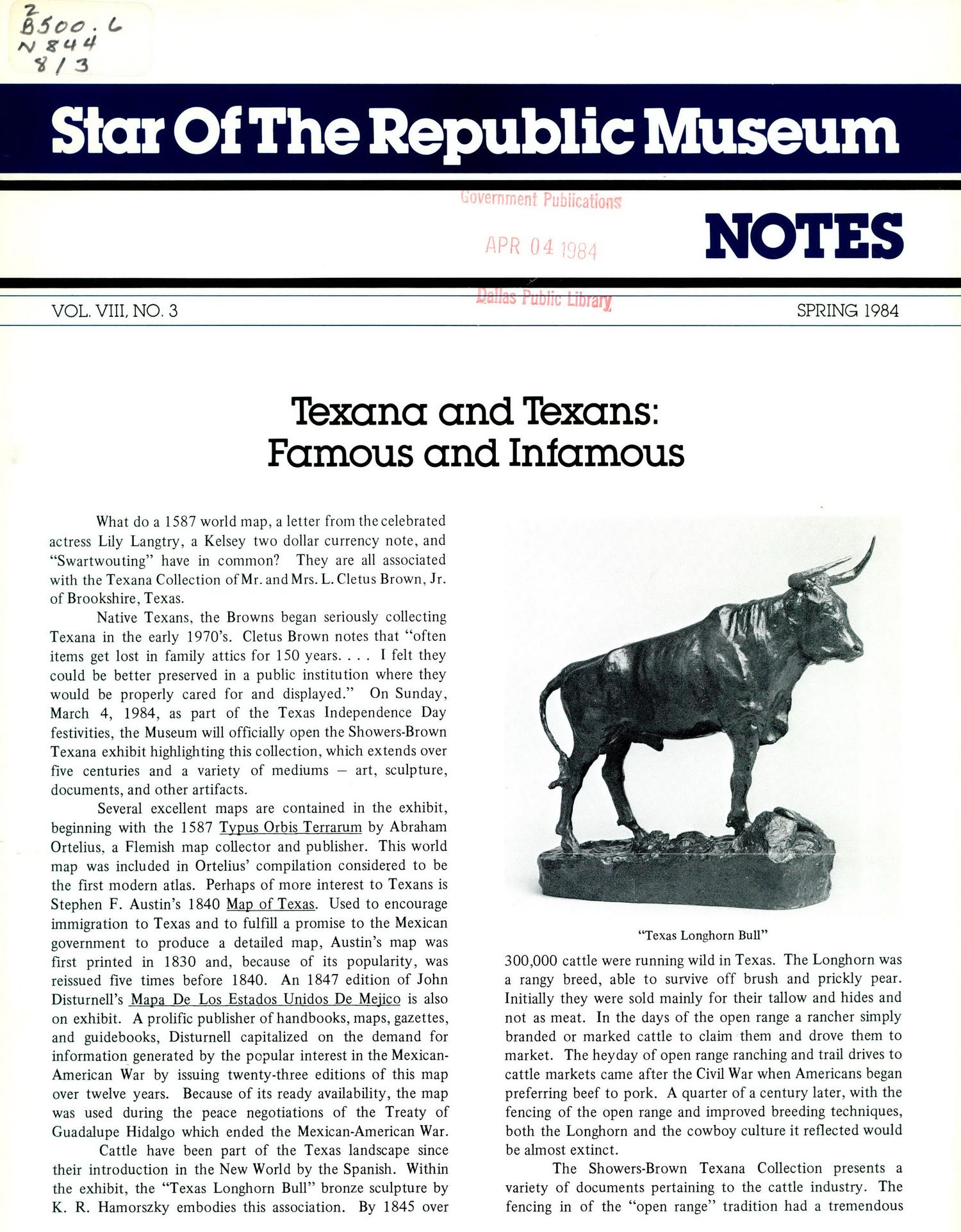 Star of the Republic Museum Notes, Volume 8, Number 3, Spring 1984
                                                
                                                    FRONT COVER
                                                