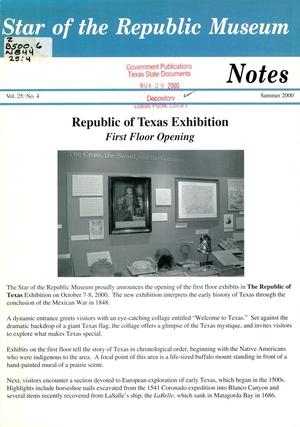 Primary view of object titled 'Star of the Republic Museum Notes, Volume 25, Number 4, Summer 2000'.