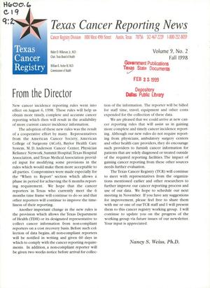 Primary view of object titled 'Texas Cancer Reporting News, Volume 9, Number 2, Fall 1998'.