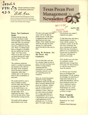 Primary view of object titled 'Texas Pecan Pest Management Newsletter, Volume 92, Number 2, April 1992'.