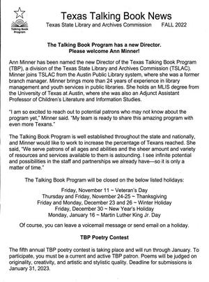 Texas Talking Book News, Fall 2022