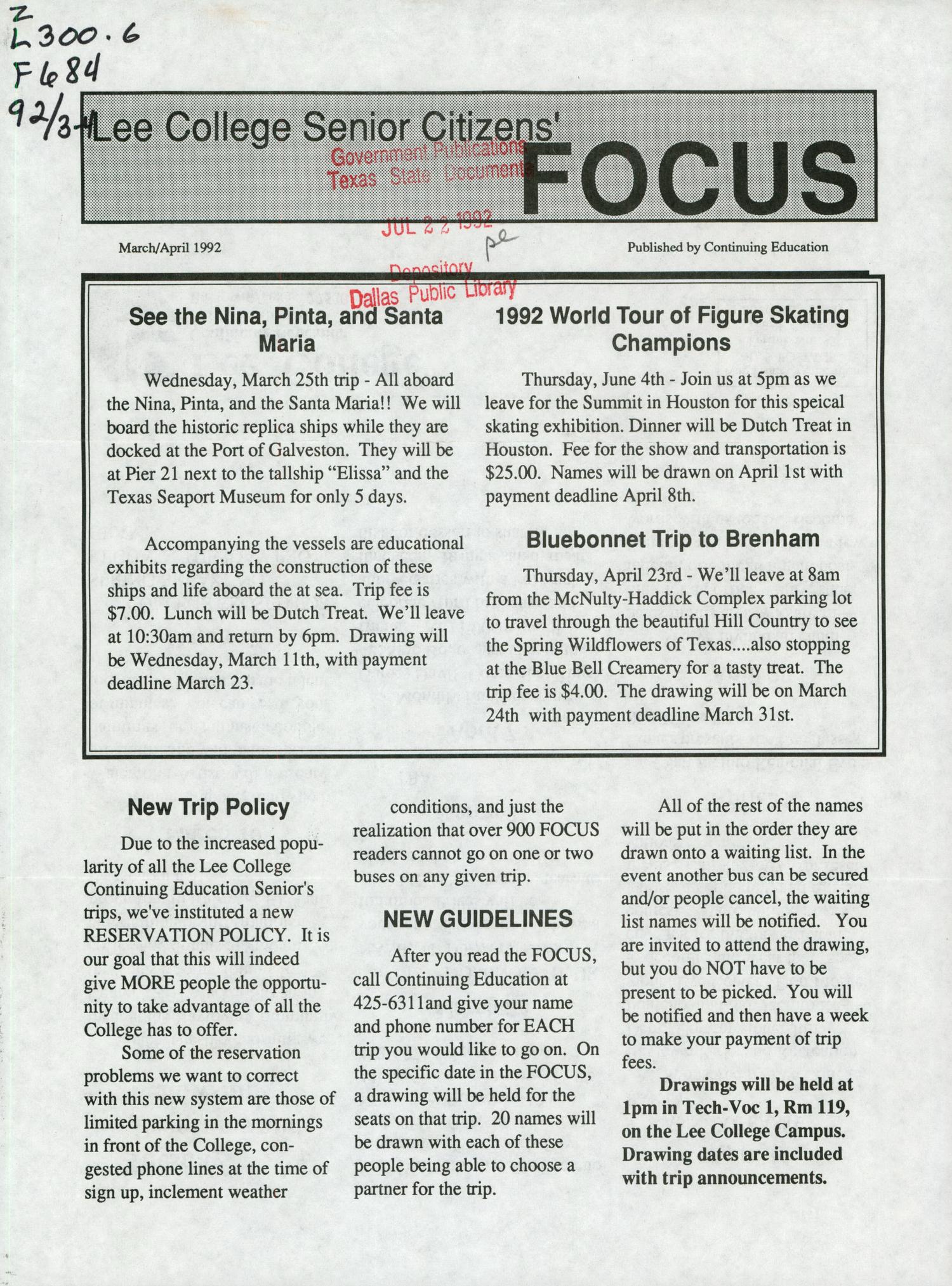 Lee College Senior Citizens' Focus, March/April 1992
                                                
                                                    FRONT COVER
                                                