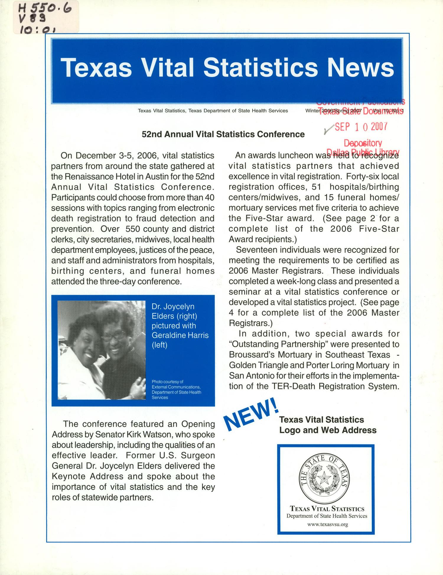 Texas Vital Statistics News, Volume 10, Number 1, Winter 2006/Spring 2007
                                                
                                                    FRONT COVER
                                                