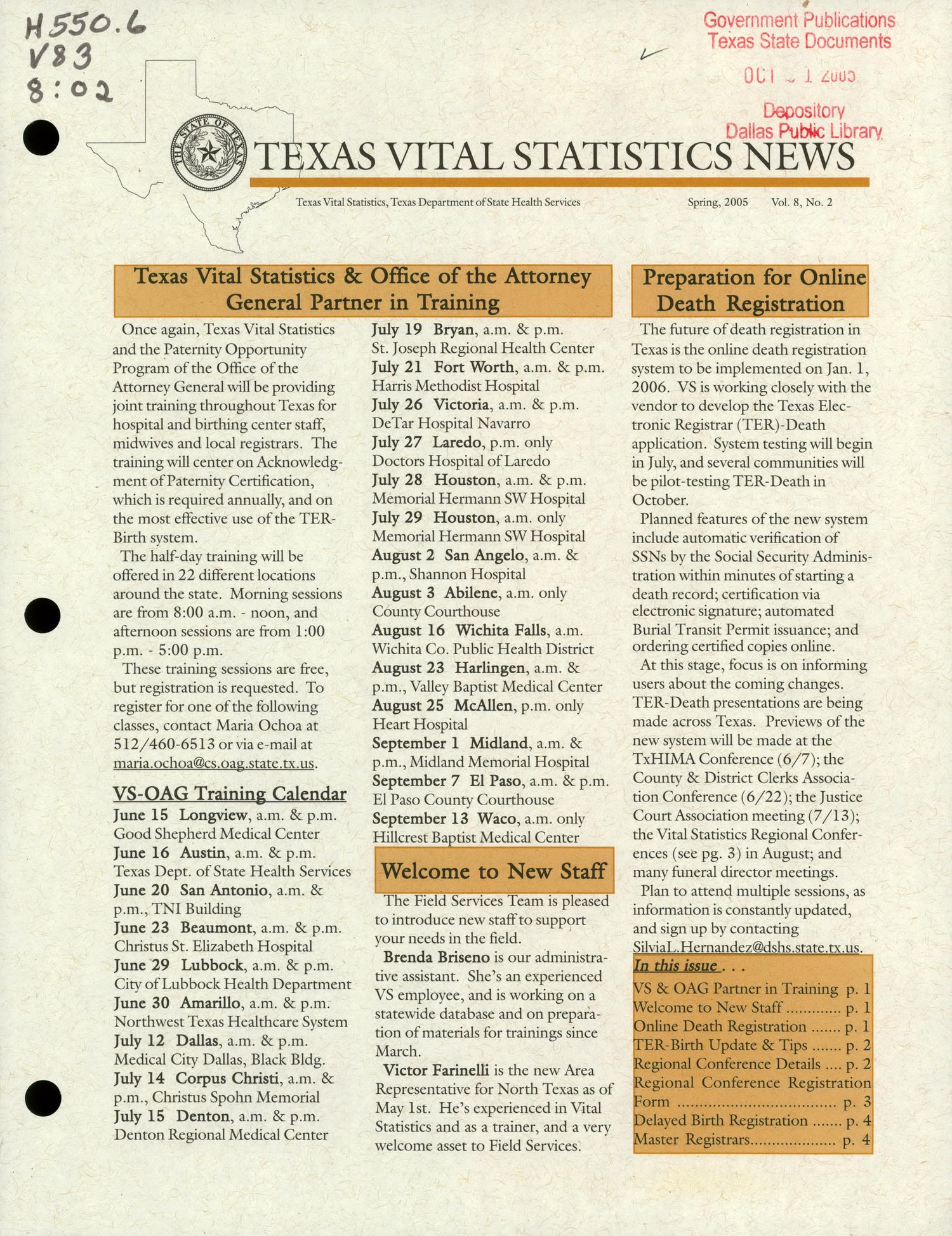 Texas Vital Statistics News, Volume 8, Number 2, Spring 2005
                                                
                                                    FRONT COVER
                                                
