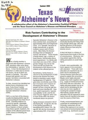 Primary view of object titled 'Texas Alzheimer's News, Summer 2000'.