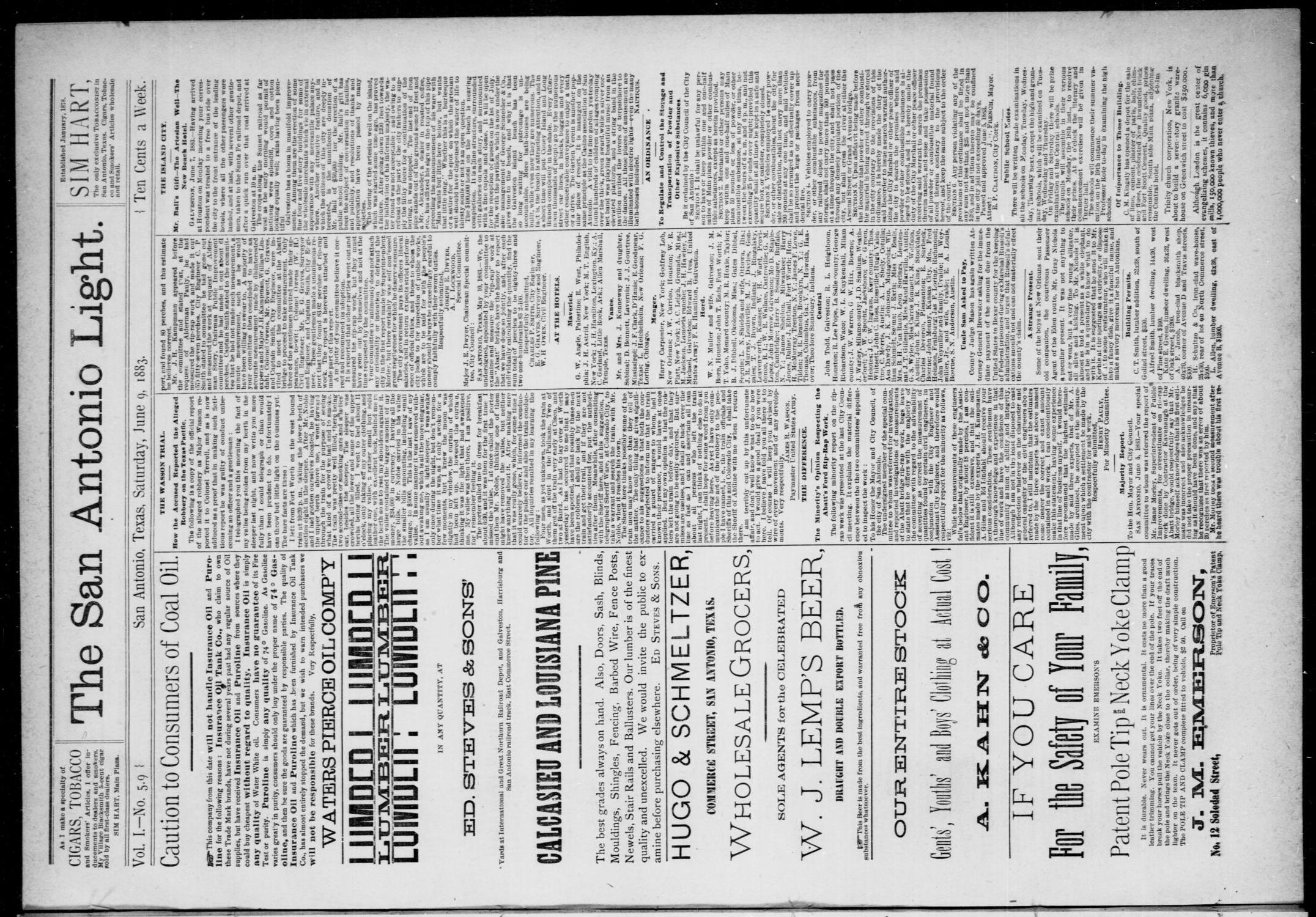 The San Antonio Light (San Antonio, Tex.), Vol. 1, No. 59, Ed. 1, Saturday, June 9, 1883
                                                
                                                    [Sequence #]: 1 of 4
                                                