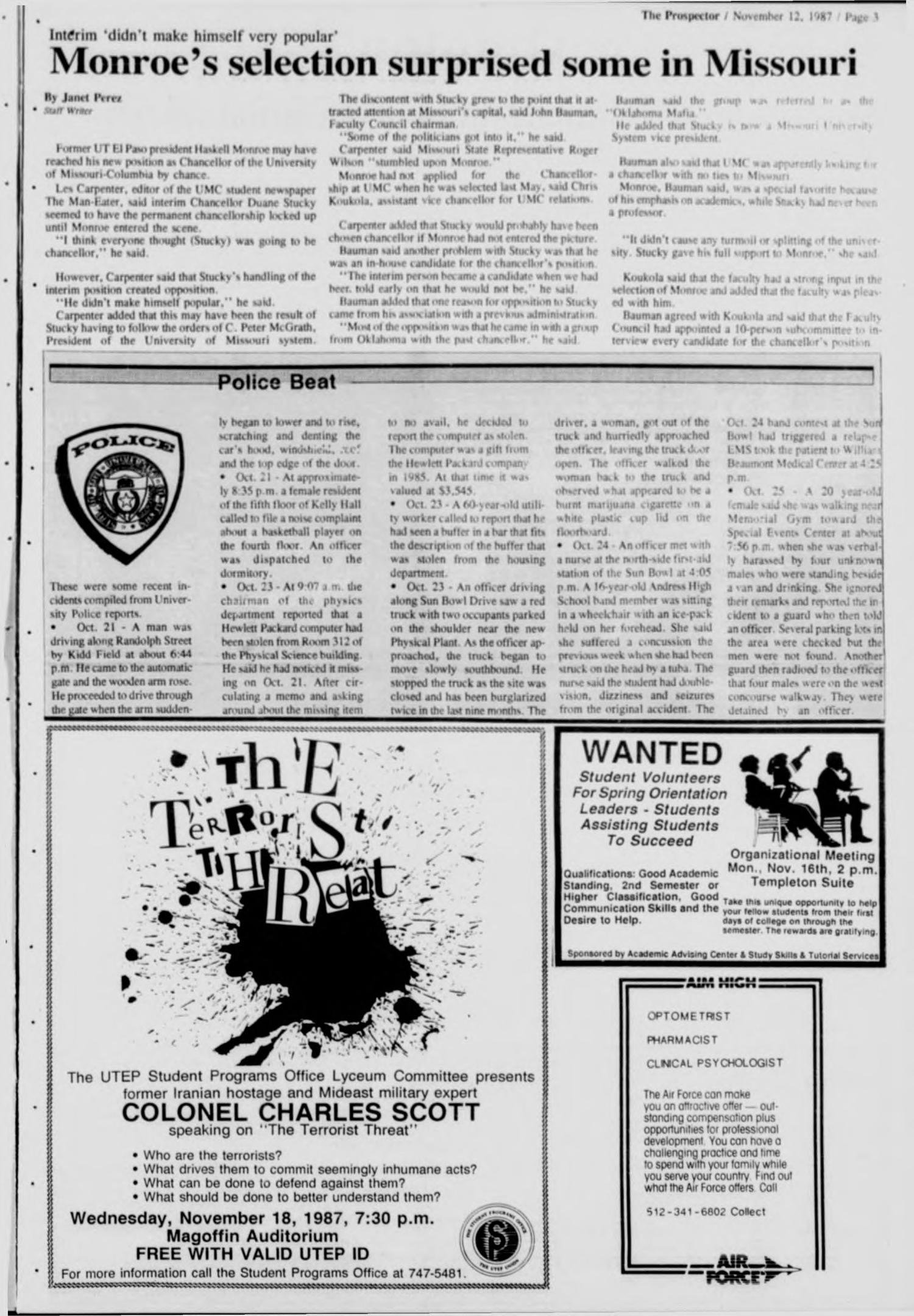 The Prospector (El Paso, Tex.), Vol. 73, No. 22, Ed. 1 Thursday, November 12, 1987
                                                
                                                    [Sequence #]: 3 of 16
                                                