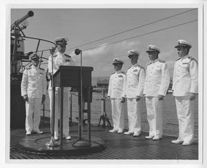 [Admiral Raymond A. Spruance and Fleet Admiral Chester W. Nimitz at Command Change Ceremony]