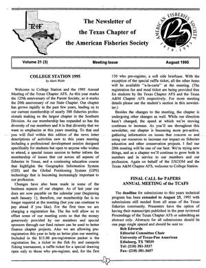 The Newsletter of the Texas Chapter of the American Fisheries Society, Volume 21, Number 3, August 1995