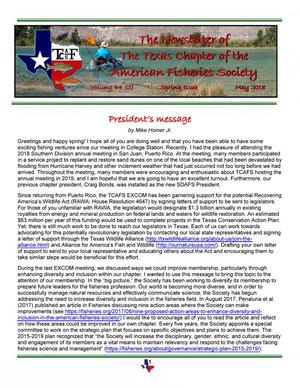 Primary view of object titled 'The Newsletter of the Texas Chapter of the American Fisheries Society, Volume 44, Number 2, Spring 2018'.