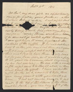 Primary view of object titled '[Letter from Elizabeth Upshur Teackle to her daughter, Elizabeth Ann Upshur Teackle, February 11, 1816]'.