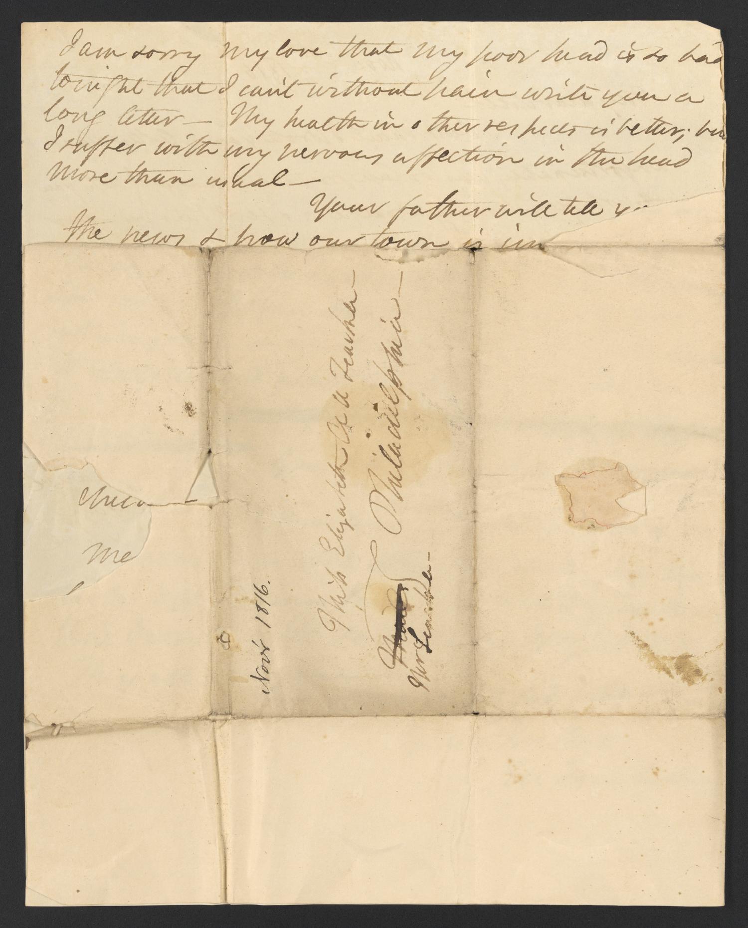 [Letter from Elizabeth Upshur Teackle to her daughter, Elizabeth Ann Upshur Teackle, November 1816]
                                                
                                                    [Sequence #]: 4 of 4
                                                