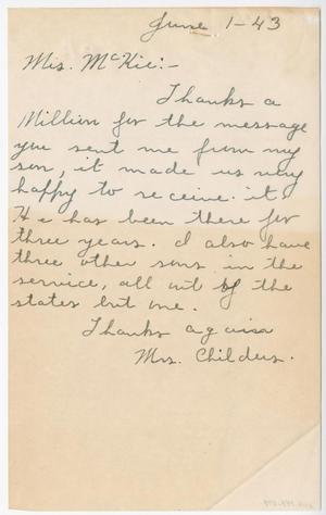 [Letter from Mrs. Childers to Dr. William McKie - June 1, 1943]