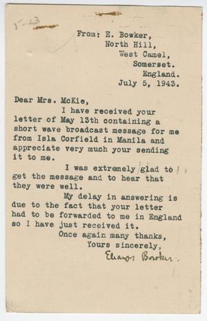 Primary view of object titled '[Postal Card from Eleanor Bowker to Cecelia McKie - July 5, 1943]'.