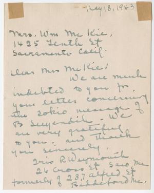 Primary view of object titled '[Letter from Iris R. Weymouth to Cecelia McKie - May 18, 1943]'.