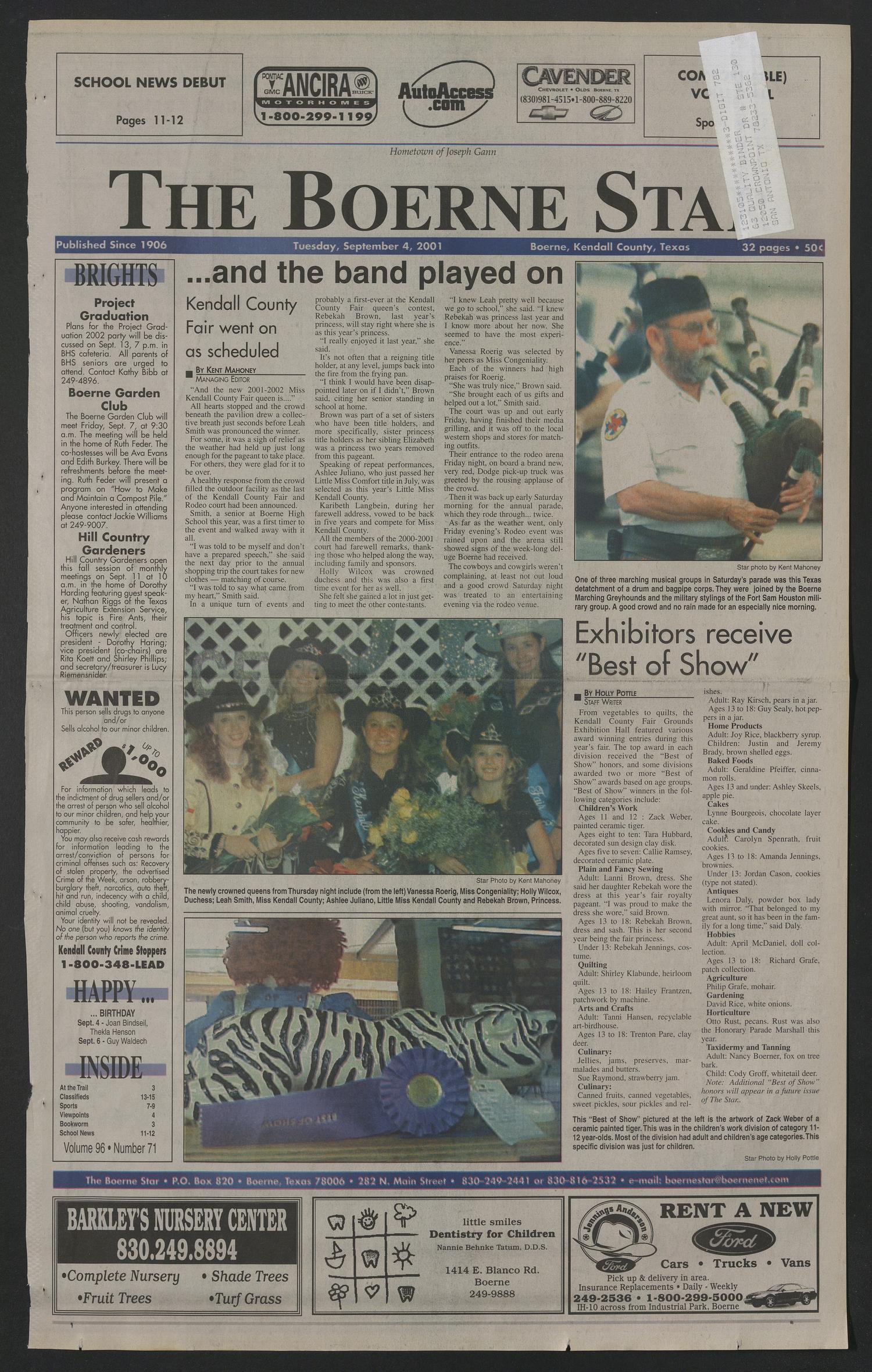 The Boerne Star (Boerne, Tex.), Vol. 96, No. 71, Ed. 1 Tuesday, September 4, 2001
                                                
                                                    [Sequence #]: 1 of 16
                                                