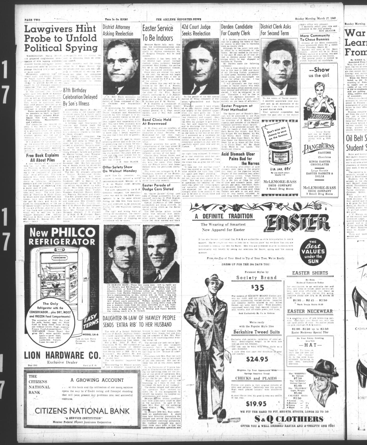 The Abilene Reporter-News (Abilene, Tex.), Vol. 59, No. 289, Ed. 1 Sunday, March 17, 1940
                                                
                                                    [Sequence #]: 2 of 34
                                                