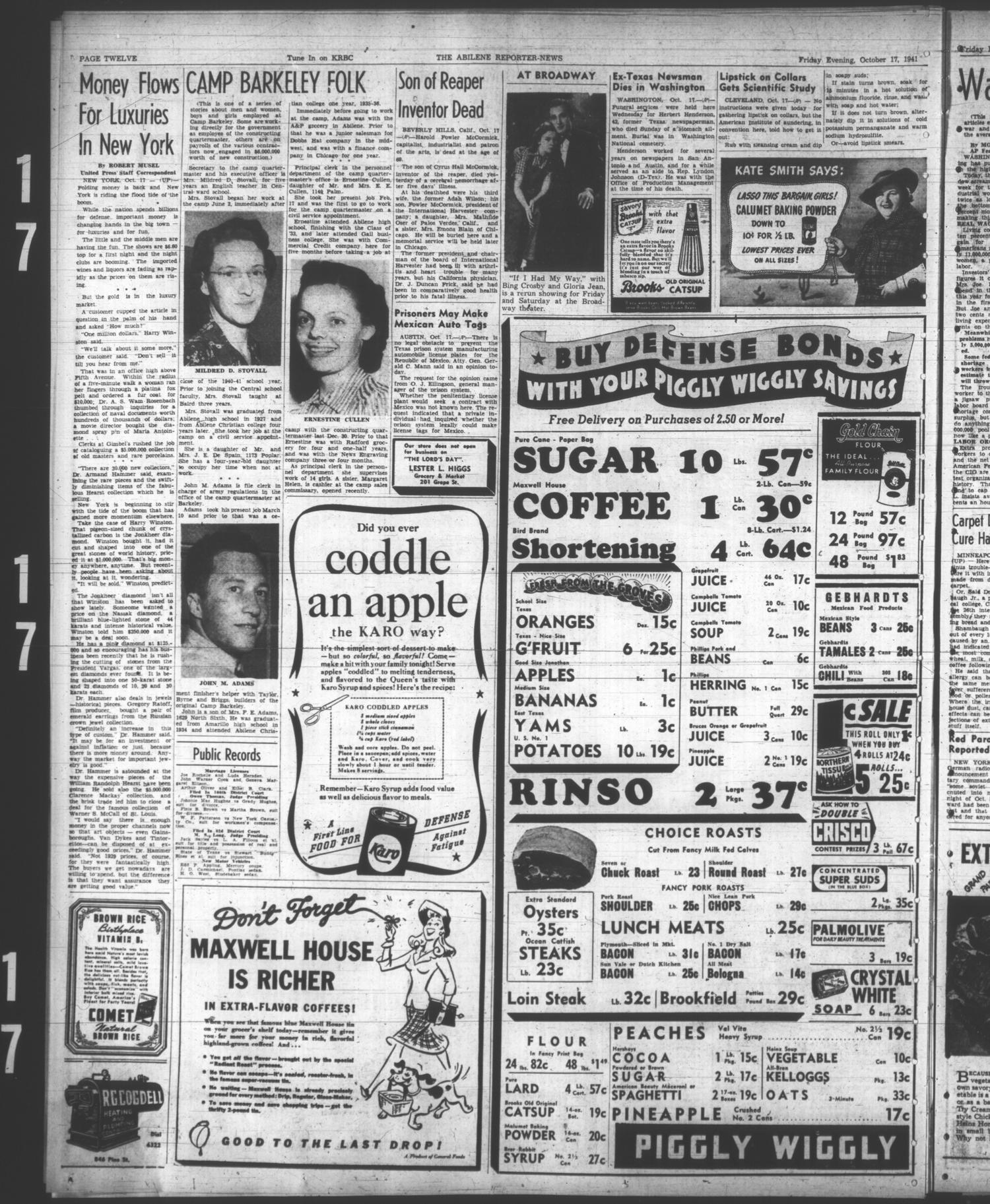 The Abilene Reporter-News (Abilene, Tex.), Vol. 61, No. 123, Ed. 2 Friday, October 17, 1941
                                                
                                                    [Sequence #]: 12 of 18
                                                