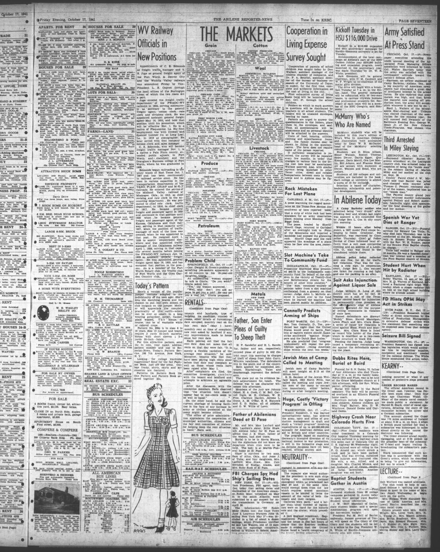 The Abilene Reporter-News (Abilene, Tex.), Vol. 61, No. 123, Ed. 2 Friday, October 17, 1941
                                                
                                                    [Sequence #]: 17 of 18
                                                