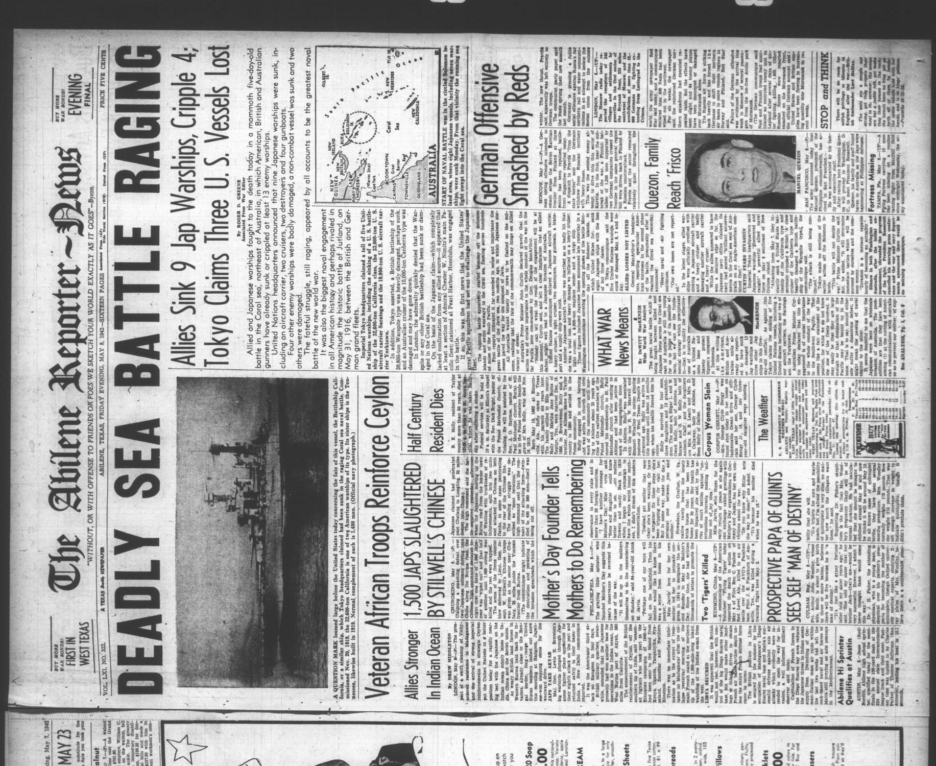 The Abilene Reporter-News (Abilene, Tex.), Vol. 61, No. 322, Ed. 2 Friday, May 8, 1942
                                                
                                                    [Sequence #]: 1 of 16
                                                