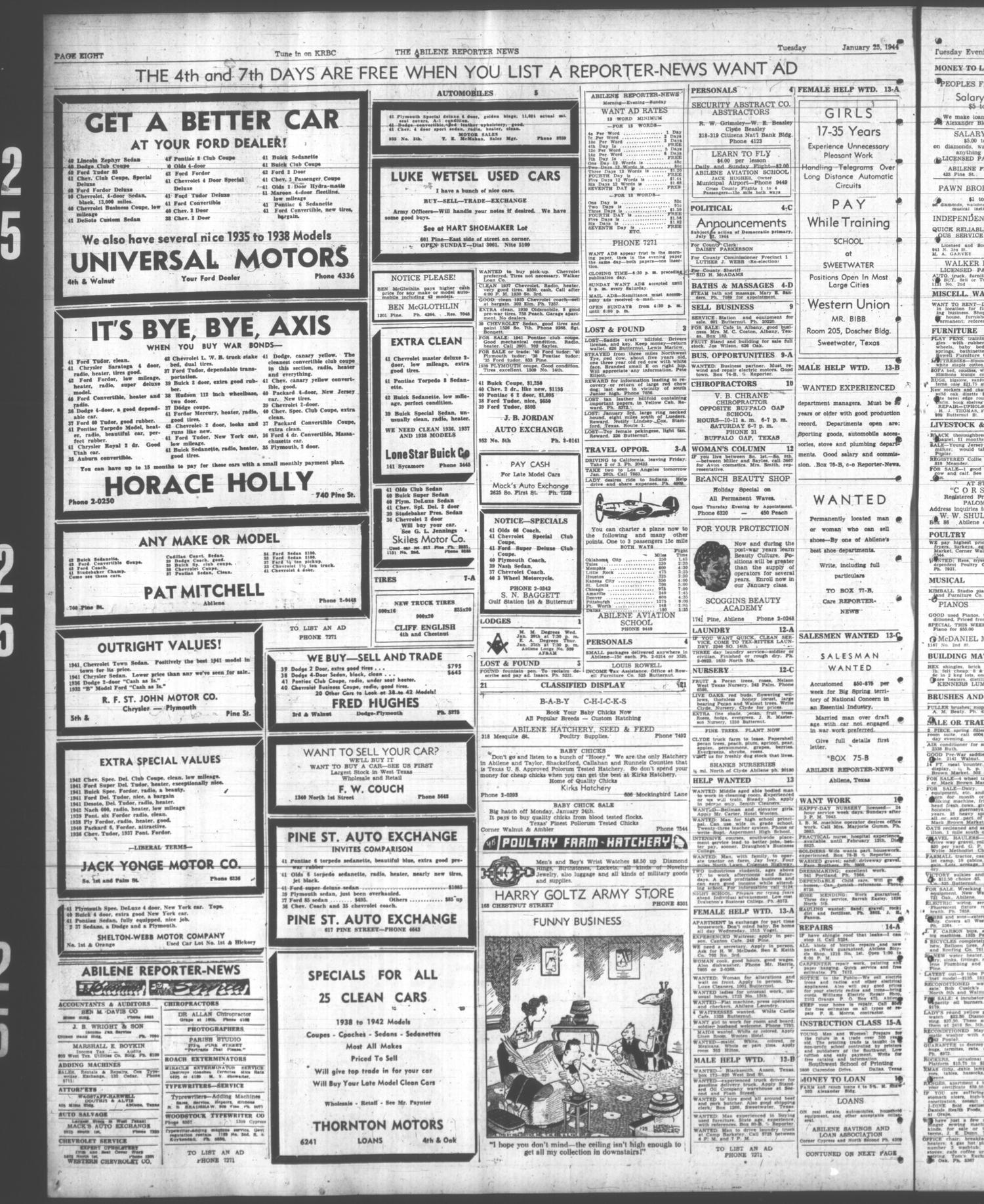 The Abilene Reporter-News (Abilene, Tex.), Vol. 63, No. 222, Ed. 2 Tuesday, January 25, 1944
                                                
                                                    [Sequence #]: 8 of 10
                                                