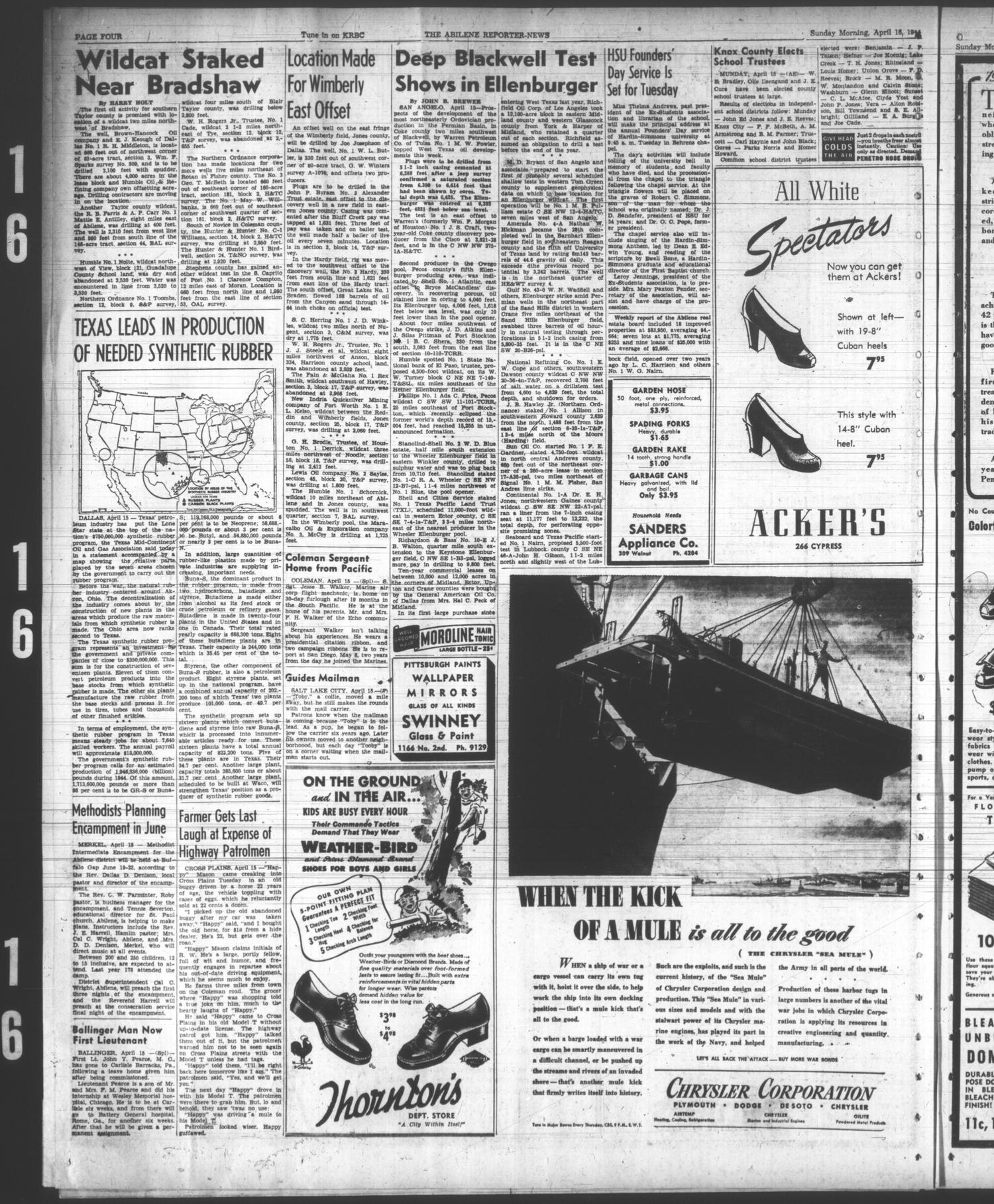 The Abilene Reporter-News (Abilene, Tex.), Vol. 63, No. 305, Ed. 1 Sunday, April 16, 1944
                                                
                                                    [Sequence #]: 4 of 34
                                                