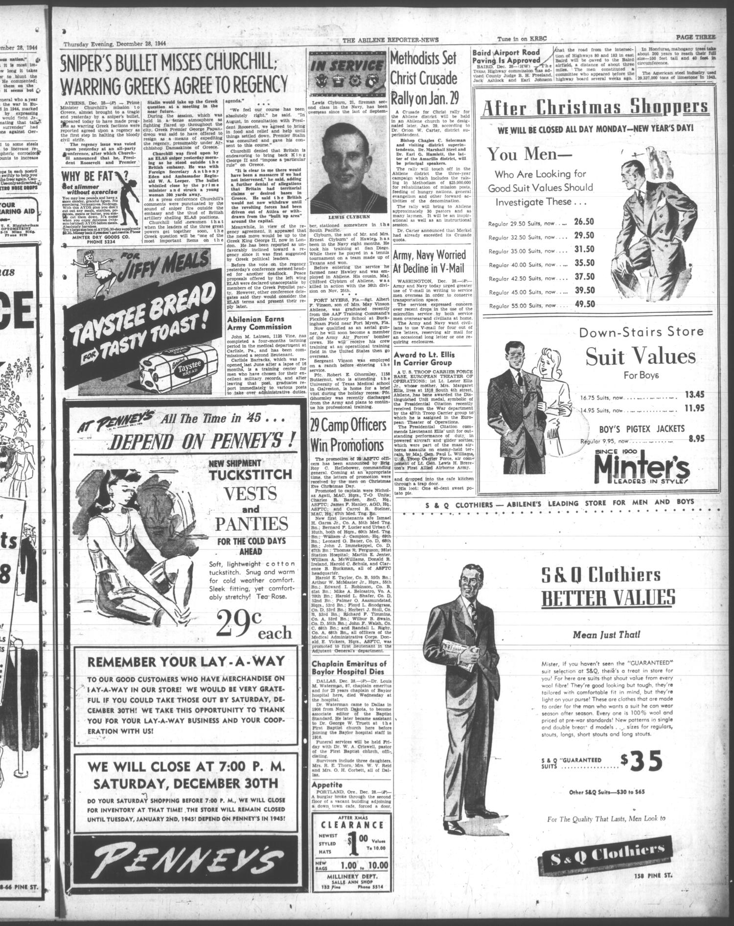 The Abilene Reporter-News (Abilene, Tex.), Vol. 64, No. 189, Ed. 2 Thursday, December 28, 1944
                                                
                                                    [Sequence #]: 3 of 12
                                                