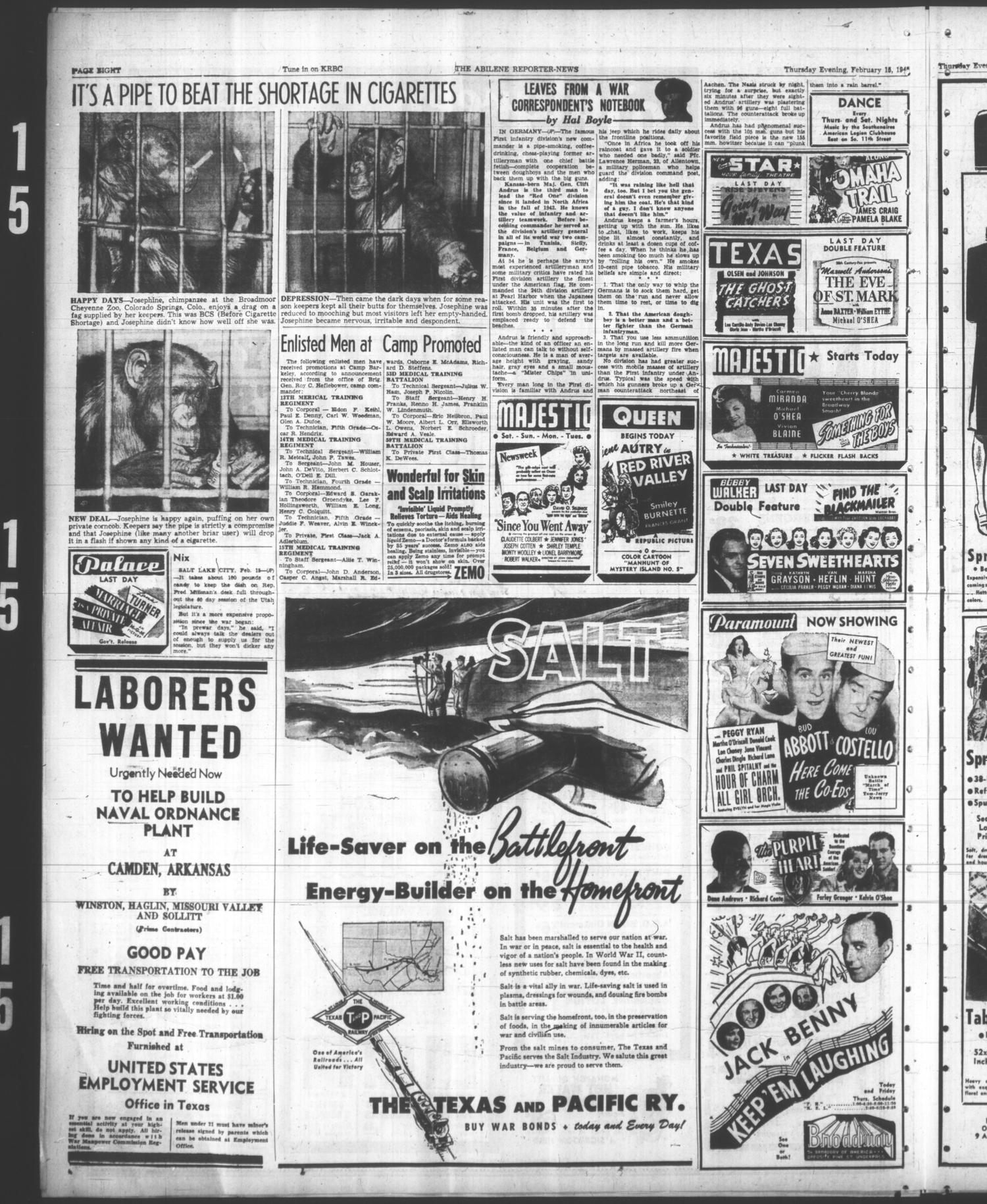 The Abilene Reporter-News (Abilene, Tex.), Vol. 64, No. 236, Ed. 2 Thursday, February 15, 1945
                                                
                                                    [Sequence #]: 10 of 18
                                                