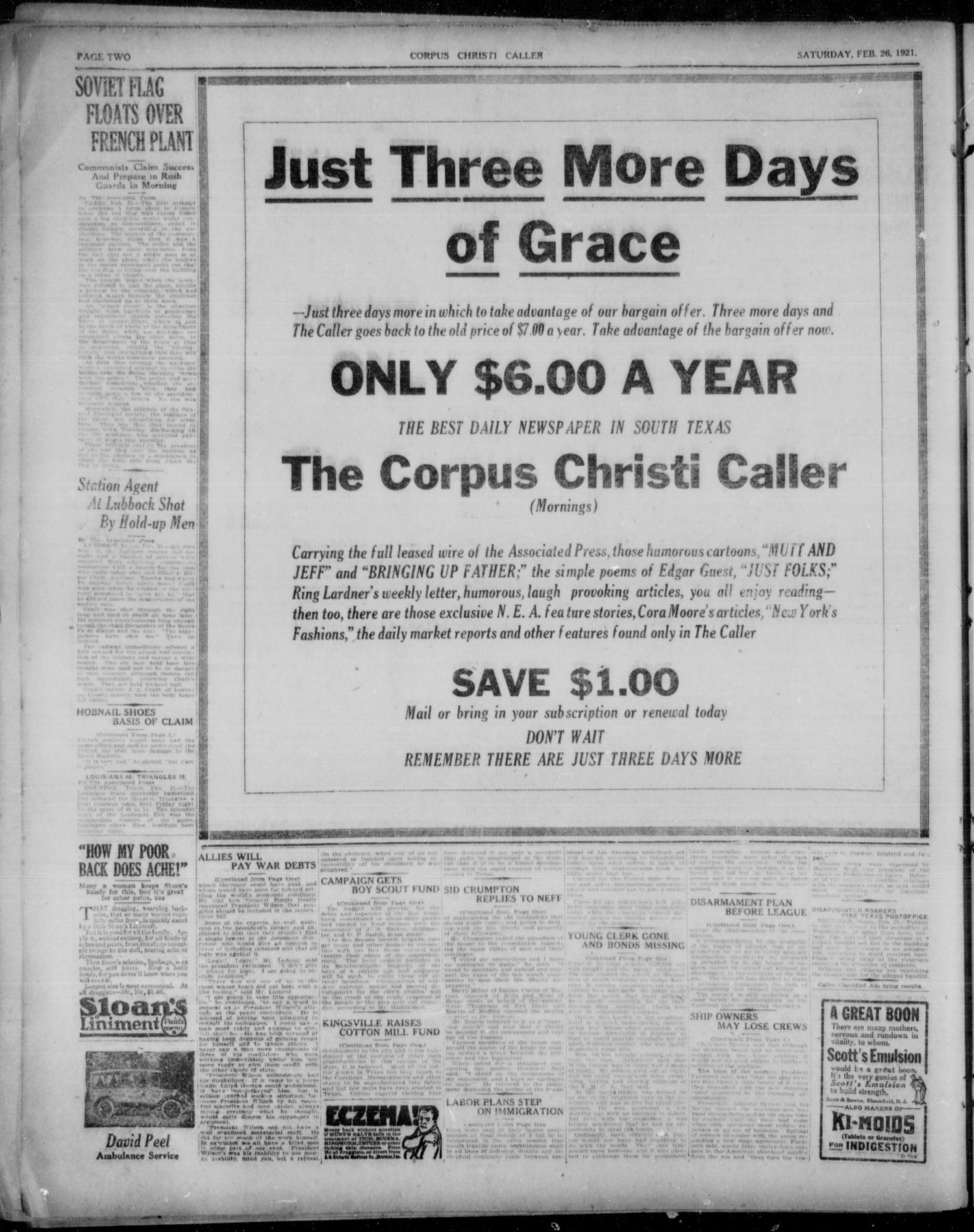 Corpus Christi Caller (Corpus Christi, Tex.), Vol. 23, No. 6, Ed. 1, Saturday, February 26, 1921
                                                
                                                    [Sequence #]: 2 of 6
                                                