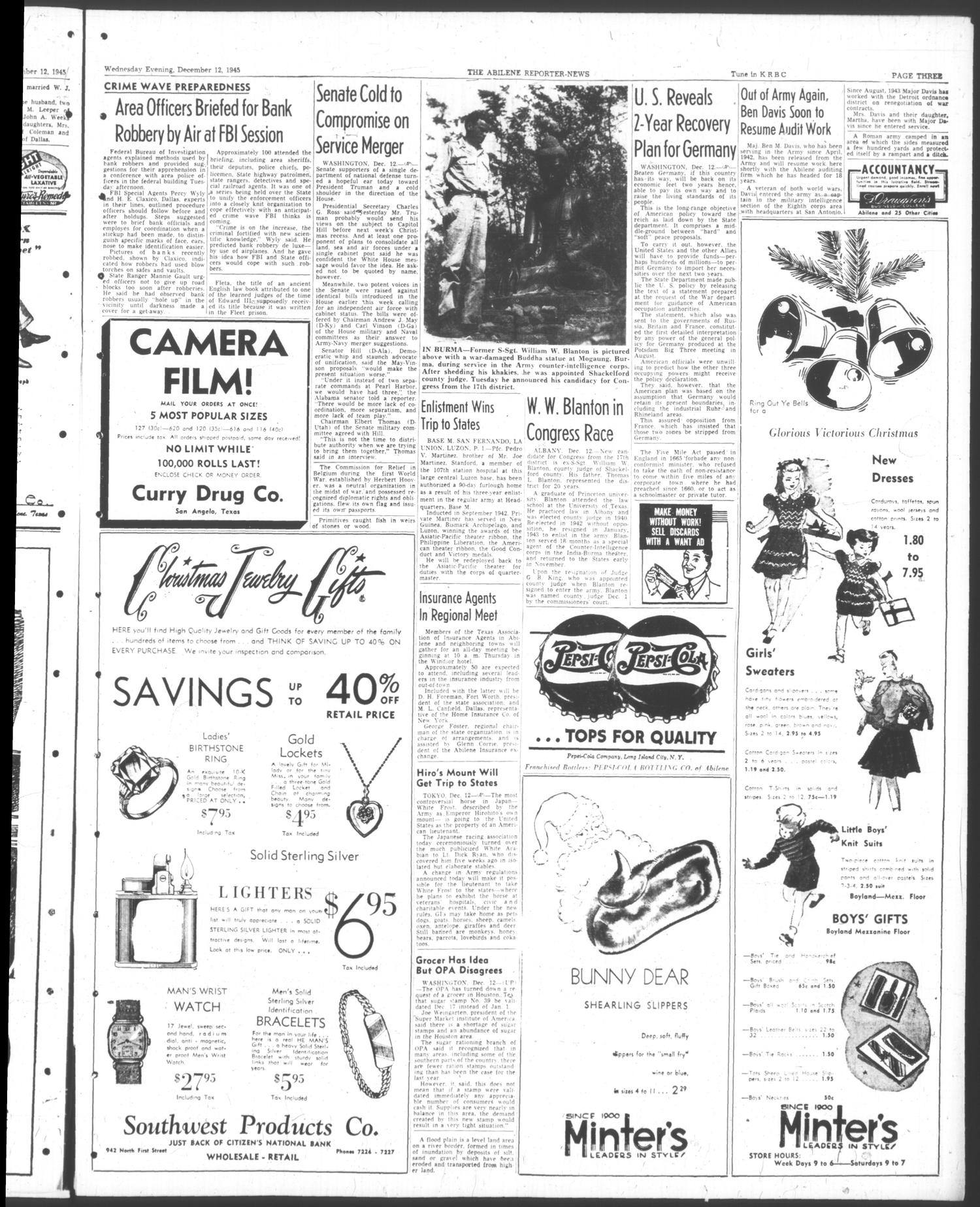 The Abilene Reporter-News (Abilene, Tex.), Vol. 65, No. 175, Ed. 2 Wednesday, December 12, 1945
                                                
                                                    [Sequence #]: 3 of 14
                                                